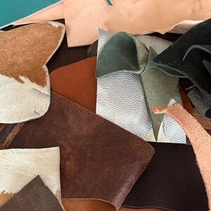 Assorted Leather, animal hair and Hide Scraps - Brown, Tan, Black, Silver, blue.